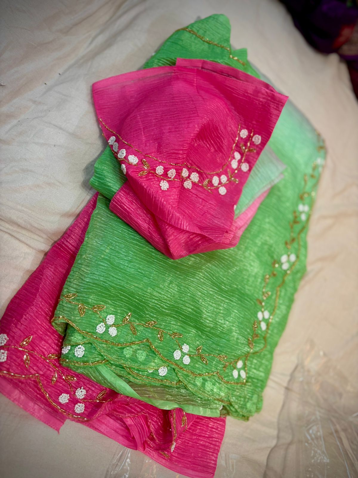 Crush Tussar Designer Work Saree