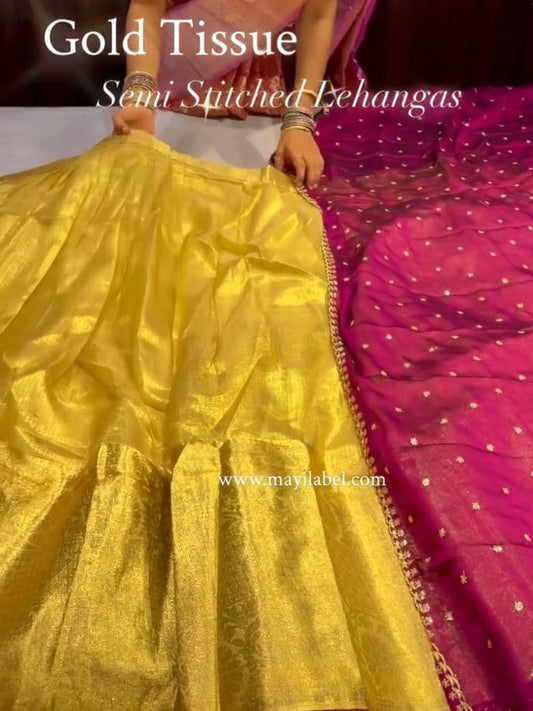 Gold Tissue  Semi Stitched Lehenga