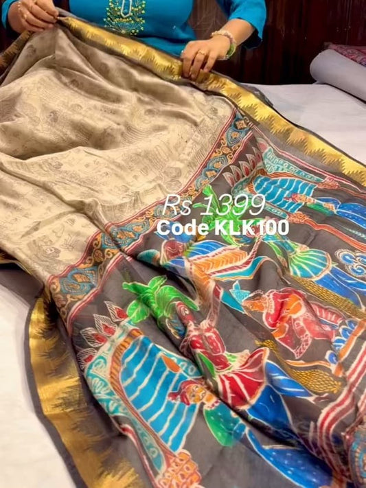 Kaddi Linen Kalamkari Silk Saree