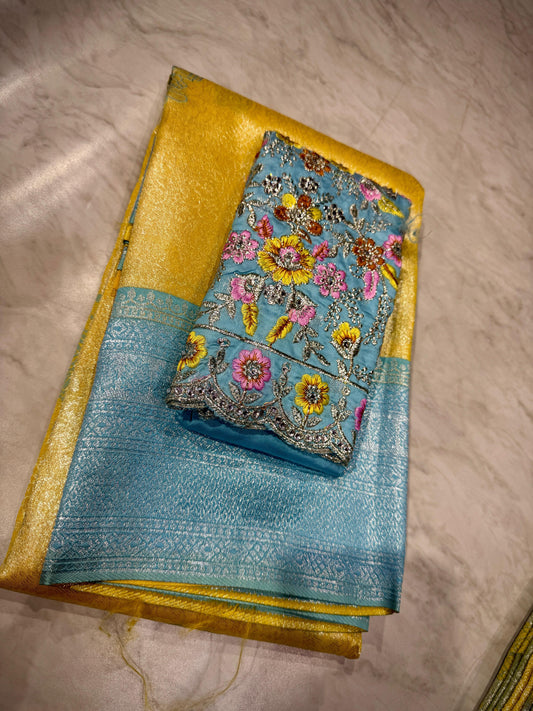Tissue Kanchi Pattu Sarees With Maggam Work Blouse