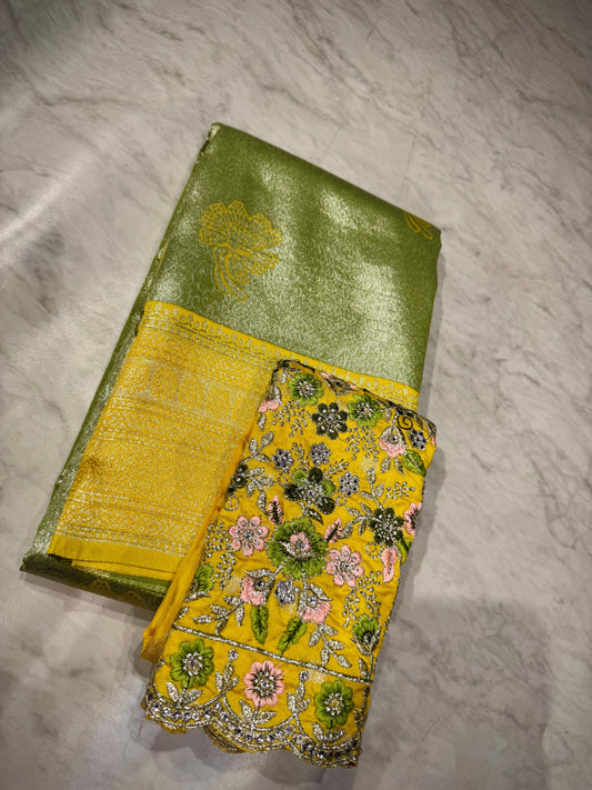 Tissue Kanchi Pattu Sarees With Maggam Work Blouse
