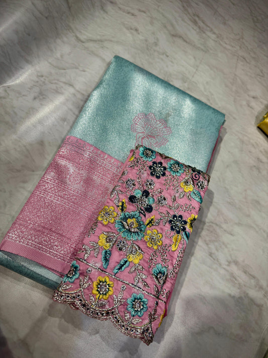 Tissue Kanchi Pattu Sarees With Maggam Work Blouse