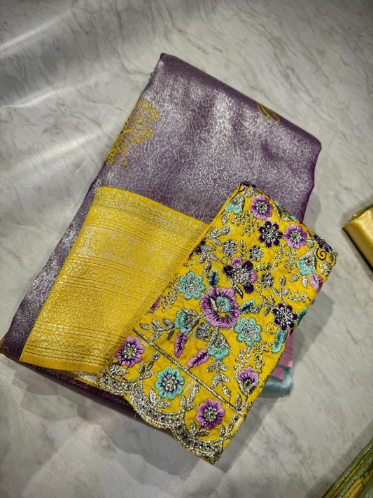 Tissue Kanchi Pattu Sarees With Maggam Work Blouse