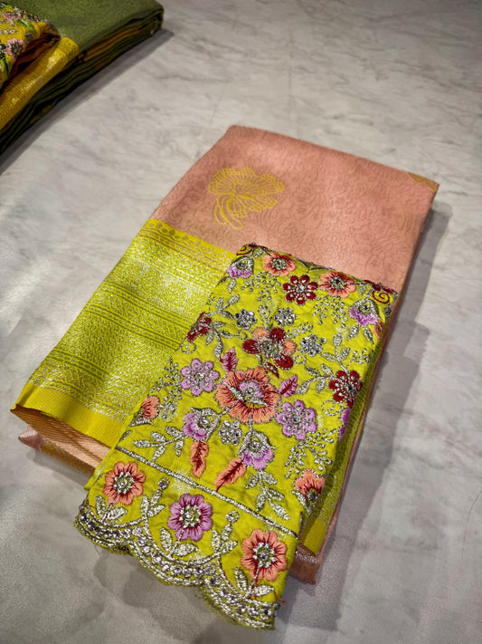 Tissue Kanchi Pattu Sarees With Maggam Work Blouse