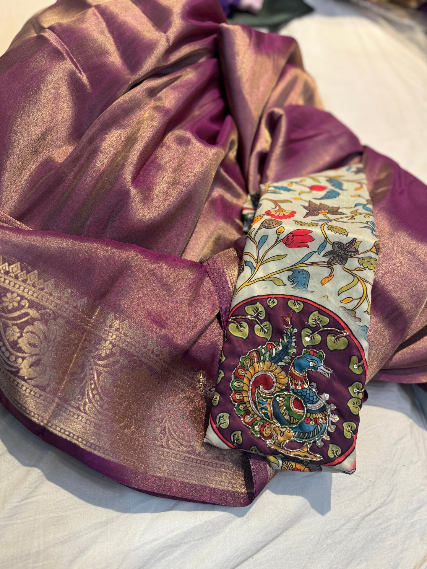 Tissue Moonga Silk Saree With Maggam Work Blouse