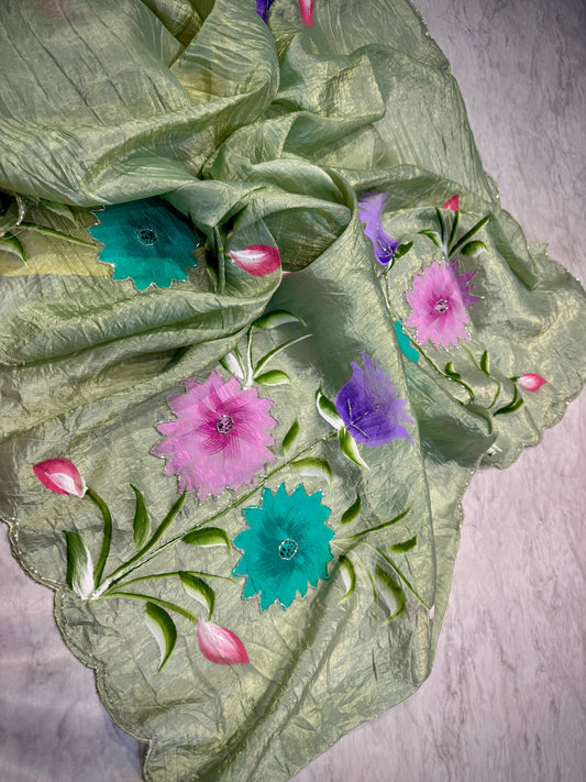 Tussar Crush Work Saree With Hand Paint