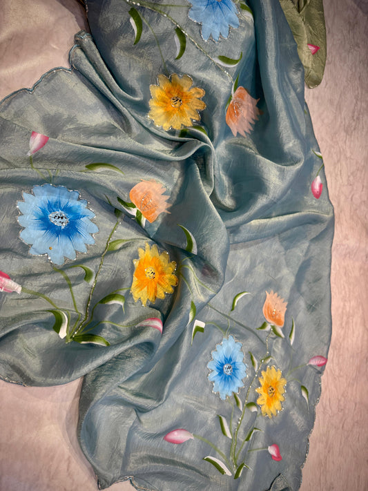 Tussar Crush Work Saree With Hand Paint