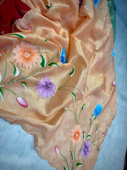 Tussar Crush Work Saree With Hand Paint