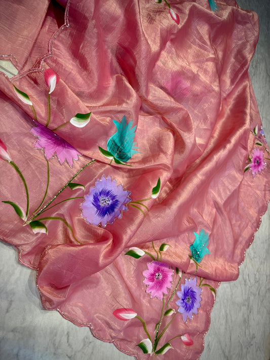 Tussar Crush Work Saree With Hand Paint