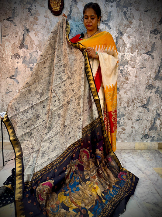 Kaddi Linen Kalamkari Silk Saree